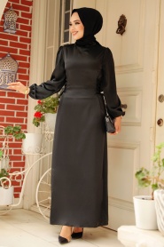 Tesettürlü Abiye Elbise - Bağcık Detaylı Siyah Tesettür Saten Abiye Elbise 5948S - Thumbnail