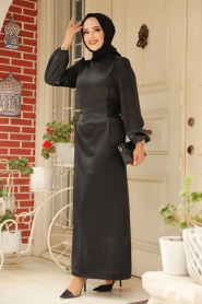 Tesettürlü Abiye Elbise - Bağcık Detaylı Siyah Tesettür Saten Abiye Elbise 5948S - Thumbnail