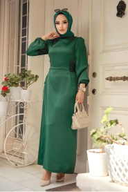 Tesettürlü Abiye Elbise - Bağcık Detaylı Yeşil Tesettür Saten Abiye Elbise 5948Y - Thumbnail