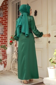 Tesettürlü Abiye Elbise - Bağcık Detaylı Yeşil Tesettür Saten Abiye Elbise 5948Y - Thumbnail