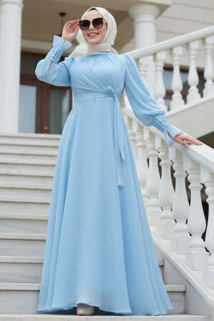 Tesettürlü Abiye Elbise - Bağlama Detaylı Bebek Mavisi Tesettür Abiye Elbise 48051BM - 1