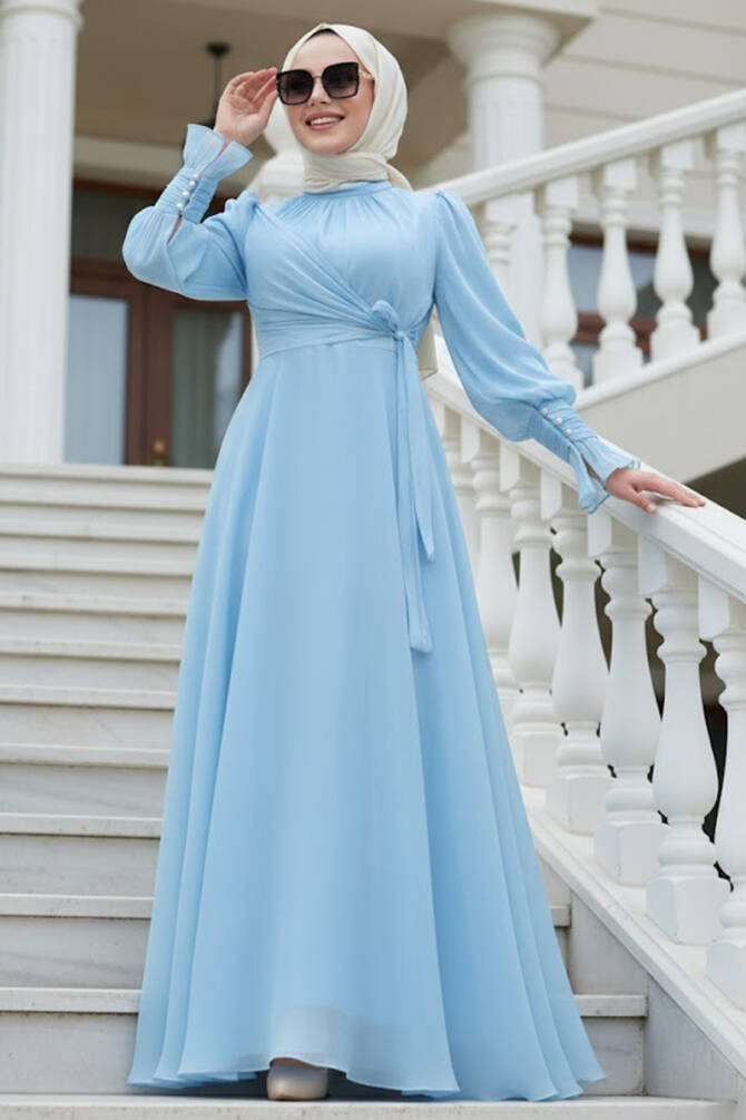 Tesettürlü Abiye Elbise - Bağlama Detaylı Bebek Mavisi Tesettür Abiye Elbise 48051BM - TESETTÜRLÜ ABİYE ELBİSELER