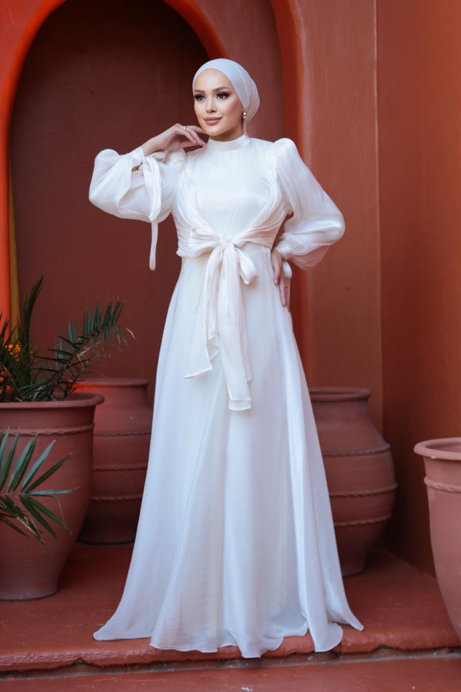 Tesettürlü Abiye Elbise - Bağlama Detaylı Bej Tesettür Abiye Elbise 52223BEJ - TESETTÜRLÜ ABİYE ELBİSELER