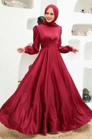 Tesettürlü Abiye Elbise - Bağlama Detaylı Bordo Tesettür Abiye Elbise 3064BR - Thumbnail