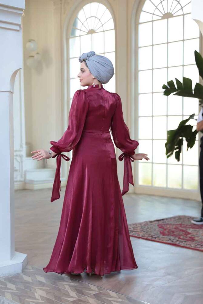 Tesettürlü Abiye Elbise - Bağlama Detaylı Bordo Tesettür Abiye Elbise 52223BR - 6