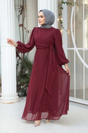Tesettürlü Abiye Elbise - Bağlama Detaylı Bordo Tesettür Abiye Elbise 62261BR - 2