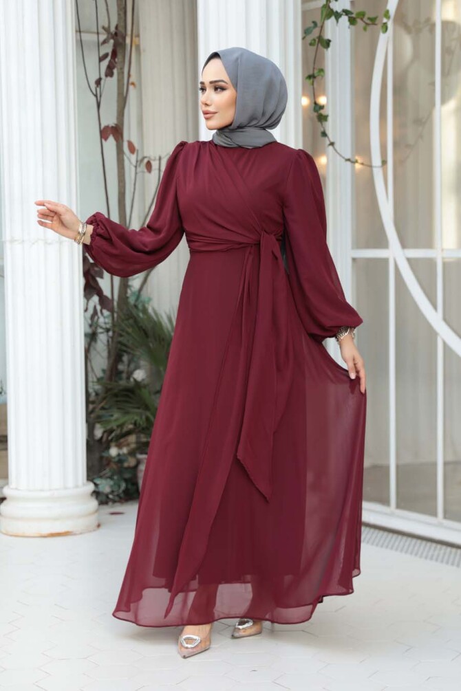Tesettürlü Abiye Elbise - Bağlama Detaylı Bordo Tesettür Abiye Elbise 62261BR - 2