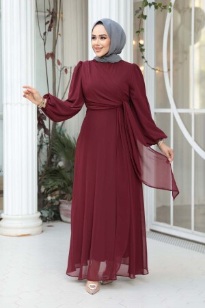 Tesettürlü Abiye Elbise - Bağlama Detaylı Bordo Tesettür Abiye Elbise 62261BR - 3