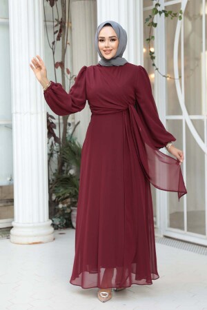 Tesettürlü Abiye Elbise - Bağlama Detaylı Bordo Tesettür Abiye Elbise 62261BR - 4