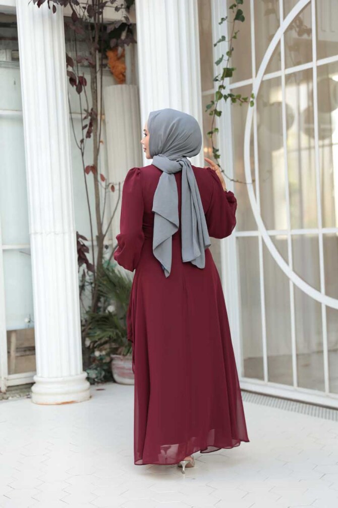 Tesettürlü Abiye Elbise - Bağlama Detaylı Bordo Tesettür Abiye Elbise 62261BR - 5