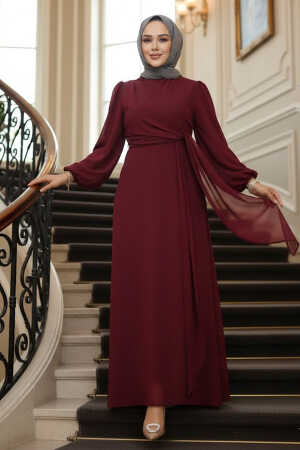 Tesettürlü Abiye Elbise - Bağlama Detaylı Bordo Tesettür Abiye Elbise 62261BR - 1
