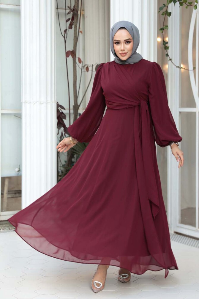 Tesettürlü Abiye Elbise - Bağlama Detaylı Bordo Tesettür Abiye Elbise 62261BR - N.S NEVA STYLE