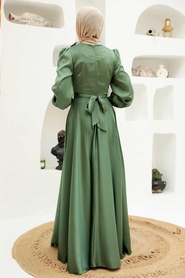 Tesettürlü Abiye Elbise - Bağlama Detaylı Çağla Yeşili Tesettür Abiye Elbise 3064CY - Thumbnail