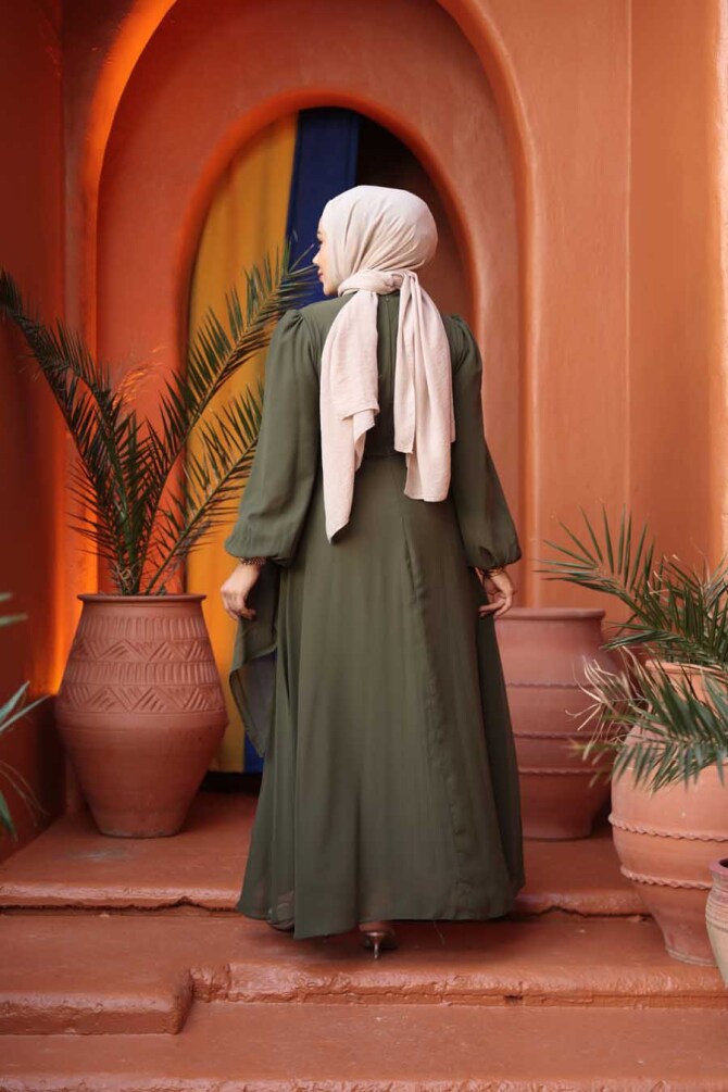 Tesettürlü Abiye Elbise - Bağlama Detaylı Haki Tesettür Abiye Elbise 62261HK - 4