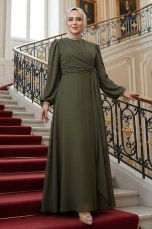 Tesettürlü Abiye Elbise - Bağlama Detaylı Haki Tesettür Abiye Elbise 62261HK 