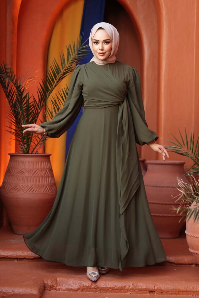 Tesettürlü Abiye Elbise - Bağlama Detaylı Haki Tesettür Abiye Elbise 62261HK - N.S NEVA STYLE
