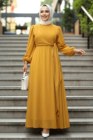 Tesettürlü Abiye Elbise - Bağlama Detaylı Hardal Tesettür Abiye Elbise 62261HR 