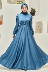 Tesettürlü Abiye Elbise - Bağlama Detaylı İndigo Mavisi Tesettür Abiye Elbise 3064IM - Thumbnail