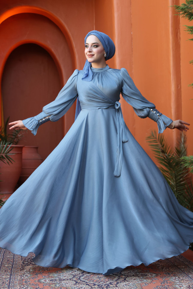 Tesettürlü Abiye Elbise - Bağlama Detaylı İndigo Mavisi Tesettür Abiye Elbise 48051IM - N.S NEVA STYLE