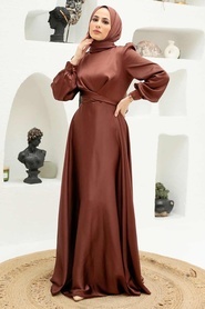 Tesettürlü Abiye Elbise - Bağlama Detaylı Kahverengi Tesettür Abiye Elbise 3064KH - Thumbnail