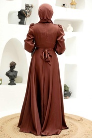 Tesettürlü Abiye Elbise - Bağlama Detaylı Kahverengi Tesettür Abiye Elbise 3064KH - Thumbnail