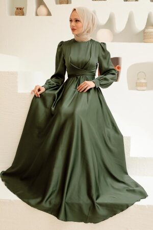 Tesettürlü Abiye Elbise - Bağlama Detaylı Koyu Haki Tesettür Abiye Elbise 3064KHK - TESETTÜRLÜ ABİYE ELBİSELER