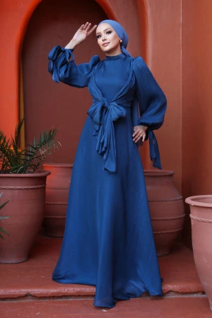 Tesettürlü Abiye Elbise - Bağlama Detaylı Lacivert Tesettür Abiye Elbise 52223L - 2