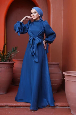 Tesettürlü Abiye Elbise - Bağlama Detaylı Lacivert Tesettür Abiye Elbise 52223L - 1