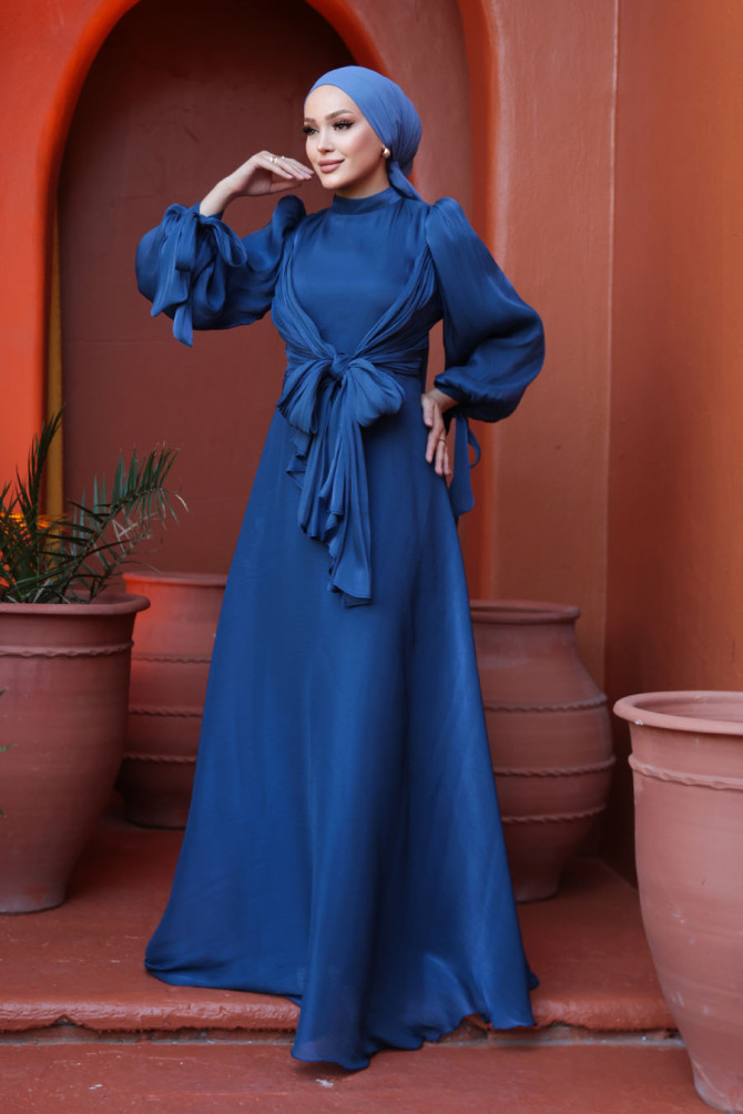 Tesettürlü Abiye Elbise - Bağlama Detaylı Lacivert Tesettür Abiye Elbise 52223L - 1