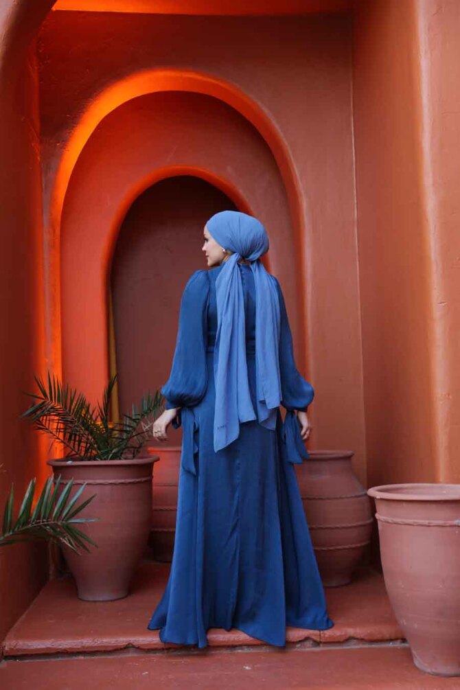 Tesettürlü Abiye Elbise - Bağlama Detaylı Lacivert Tesettür Abiye Elbise 52223L - 3