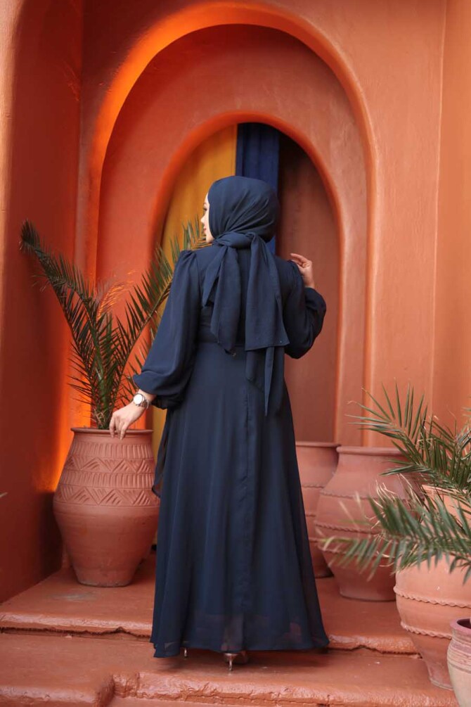 Tesettürlü Abiye Elbise - Bağlama Detaylı Lacivert Tesettür Abiye Elbise 62261L - 5