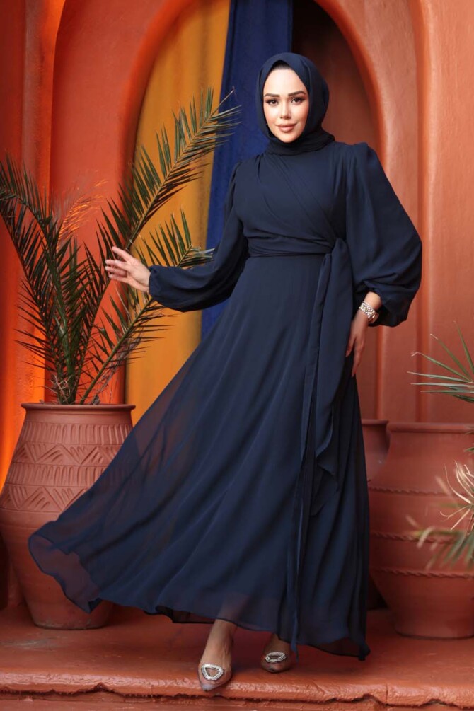 Tesettürlü Abiye Elbise - Bağlama Detaylı Lacivert Tesettür Abiye Elbise 62261L - N.S NEVA STYLE