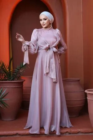 Tesettürlü Abiye Elbise - Bağlama Detaylı Pudra Tesettür Abiye Elbise 52223PD 