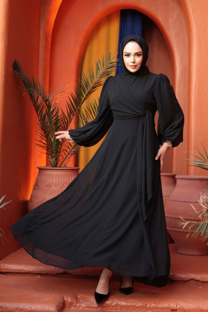 Tesettürlü Abiye Elbise - Bağlama Detaylı Siyah Tesettür Abiye Elbise 62261S - N.S NEVA STYLE