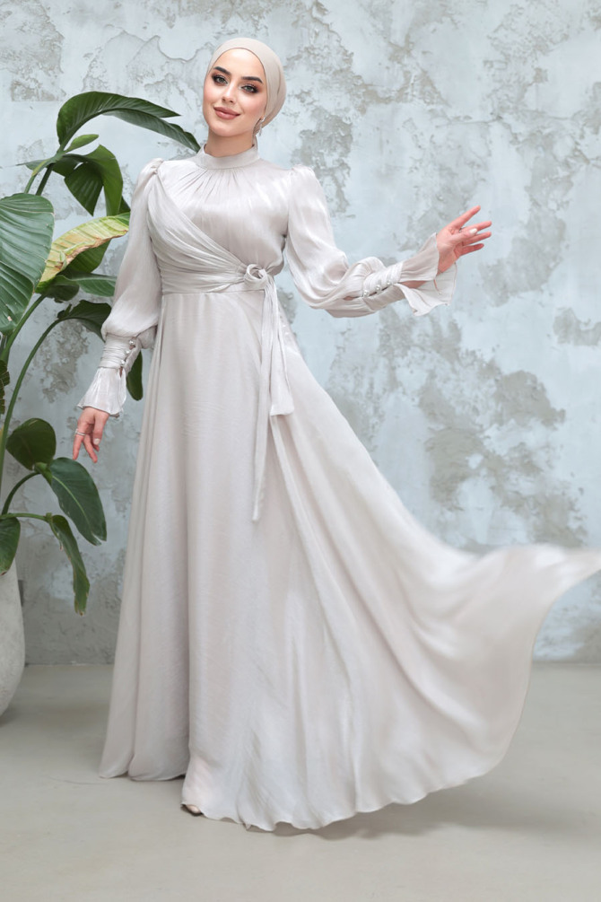 Tesettürlü Abiye Elbise - Bağlama Detaylı Taş Tesettür Abiye Elbise 48051TAS - 2