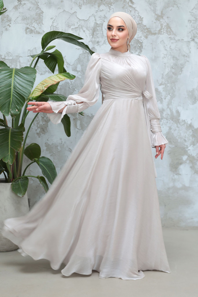 Tesettürlü Abiye Elbise - Bağlama Detaylı Taş Tesettür Abiye Elbise 48051TAS - 3