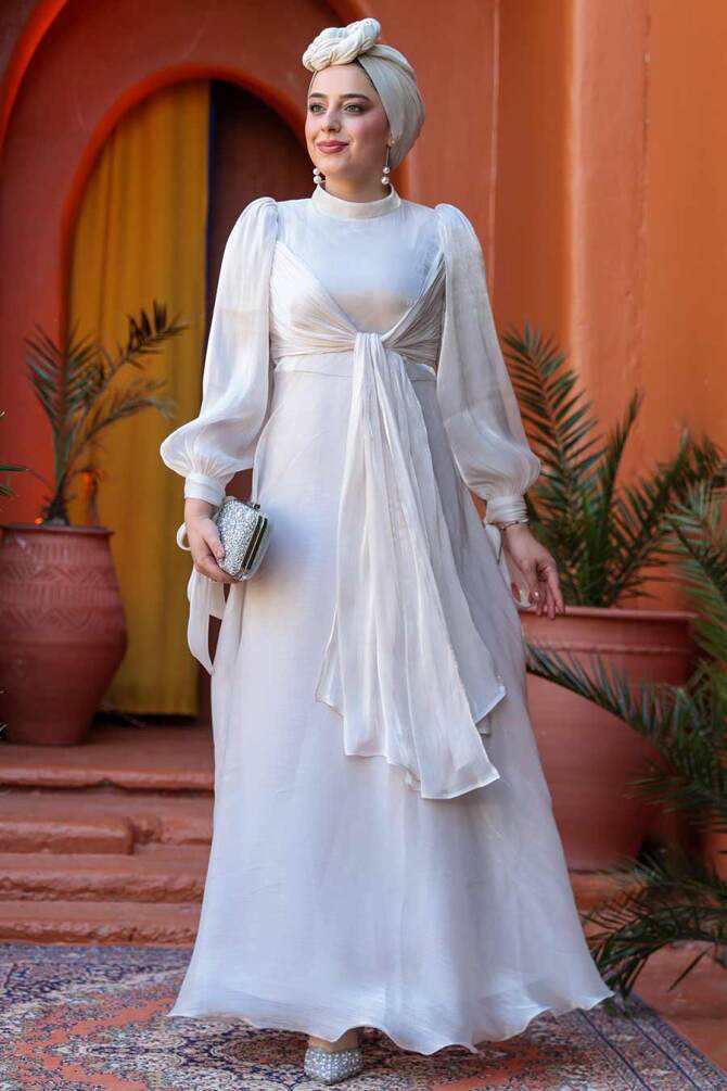 Tesettürlü Abiye Elbise - Bağlama Detaylı Taş Tesettür Abiye Elbise 52223TAS - TESETTÜRLÜ ABİYE ELBİSELER