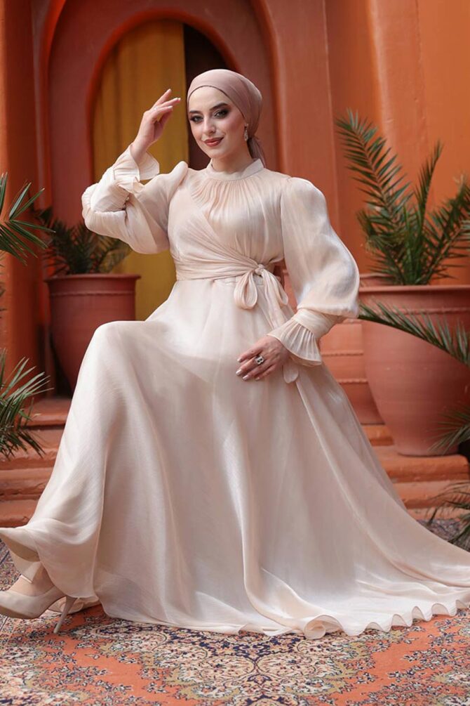 Tesettürlü Abiye Elbise - Bağlama Detaylı Ten Tesettür Abiye Elbise 48051TEN - N.S NEVA STYLE