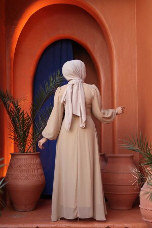 Tesettürlü Abiye Elbise - Bağlama Detaylı Vizon Tesettür Abiye Elbise 62261V - 4