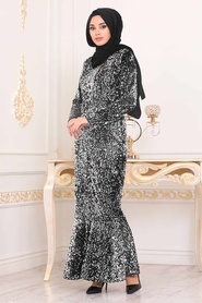 Tesettürlü Abiye Elbise - Balık Model Gümüş Tesettür Abiye Elbise 8742GMS - Thumbnail