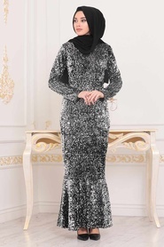 Tesettürlü Abiye Elbise - Balık Model Gümüş Tesettür Abiye Elbise 8742GMS - Thumbnail