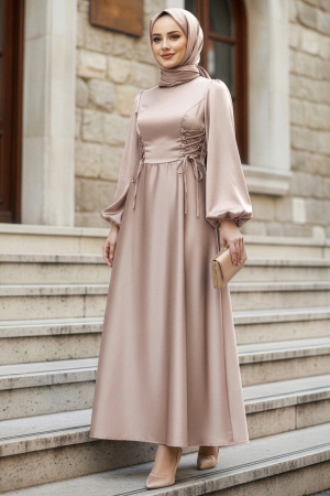 Tesettürlü Abiye Elbise - Balon Kol Bej Saten Tesettür Abiye Elbise 61501BEJ 