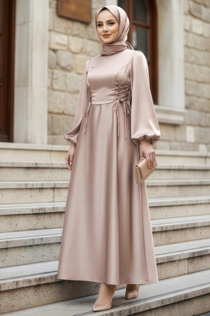 Tesettürlü Abiye Elbise - Balon Kol Bej Saten Tesettür Abiye Elbise 61501BEJ - 1