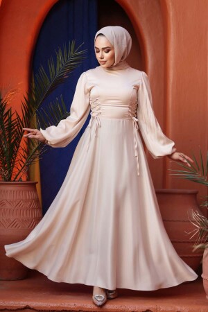 Tesettürlü Abiye Elbise - Balon Kol Bej Saten Tesettür Abiye Elbise 61501BEJ - 1