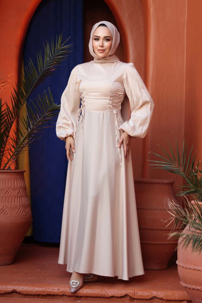 Tesettürlü Abiye Elbise - Balon Kol Bej Saten Tesettür Abiye Elbise 61501BEJ - 2