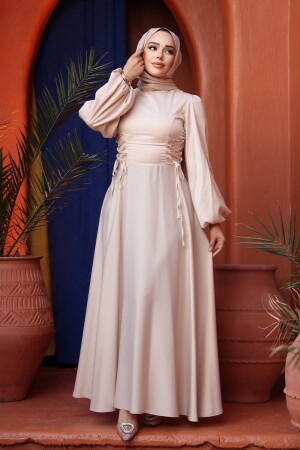 Tesettürlü Abiye Elbise - Balon Kol Bej Saten Tesettür Abiye Elbise 61501BEJ - 3