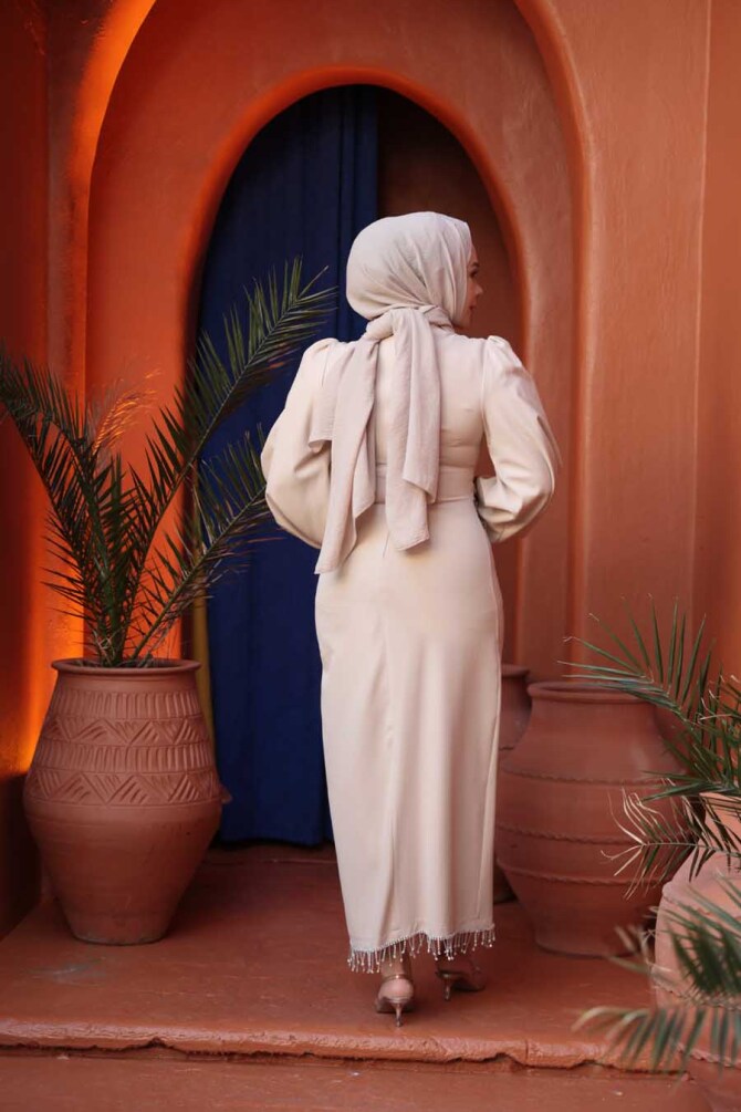 Tesettürlü Abiye Elbise - Balon Kol Bej Tesettür Abiye Elbise 62251BEJ - 4