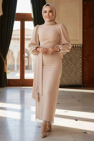 Tesettürlü Abiye Elbise - Balon Kol Bej Tesettür Abiye Elbise 62251BEJ 