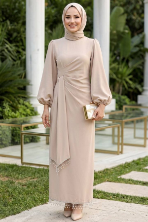 Tesettürlü Abiye Elbise - Balon Kol Bej Tesettür Abiye Elbise 62251BEJ 