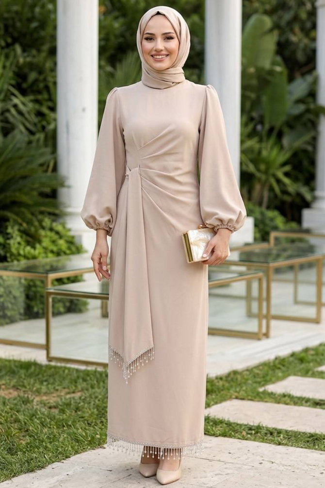 Tesettürlü Abiye Elbise - Balon Kol Bej Tesettür Abiye Elbise 62251BEJ - 1